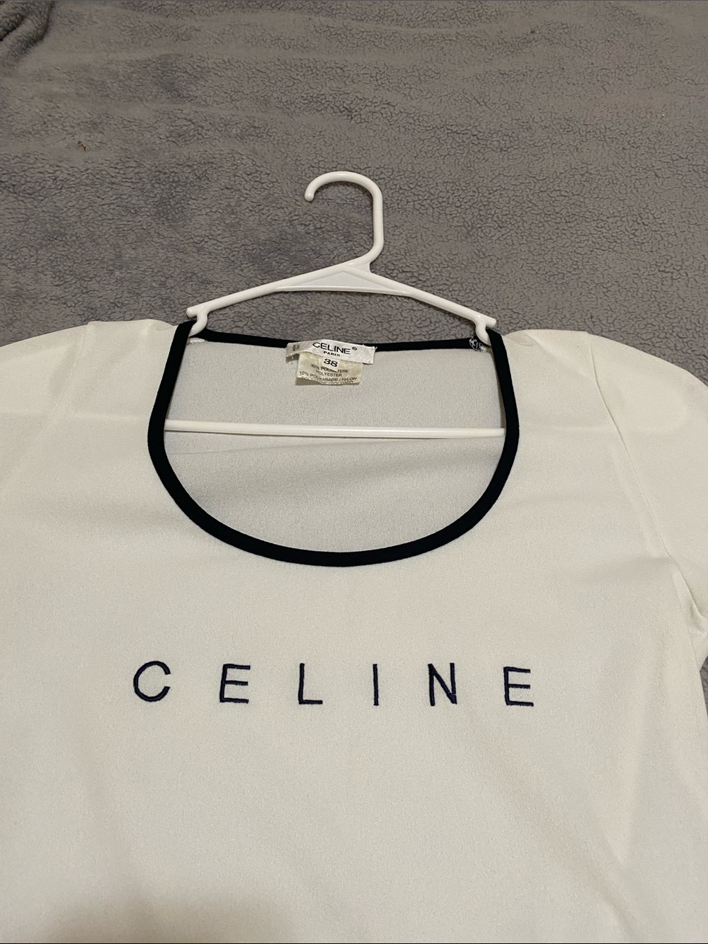 Celine White Scoop Neck Tee with Black Trim and Logo - Picture 4 of 11